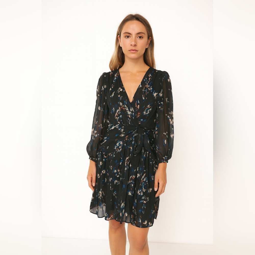 DKNY Black Floral Chiffon Wrap Dress Size 16 – Sheer Sleeves, Midi Length